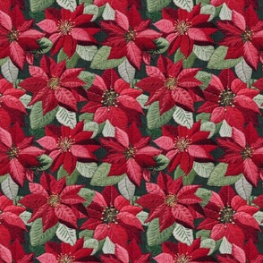 Embroidered Red  Poinsettias Dark Green BG -Medium Scale