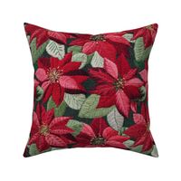 Embroidered Red  Poinsettias Dark Green BG - Large Scale