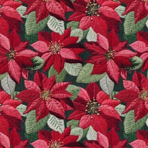 Embroidered Red  Poinsettias Dark Green BG - Large Scale