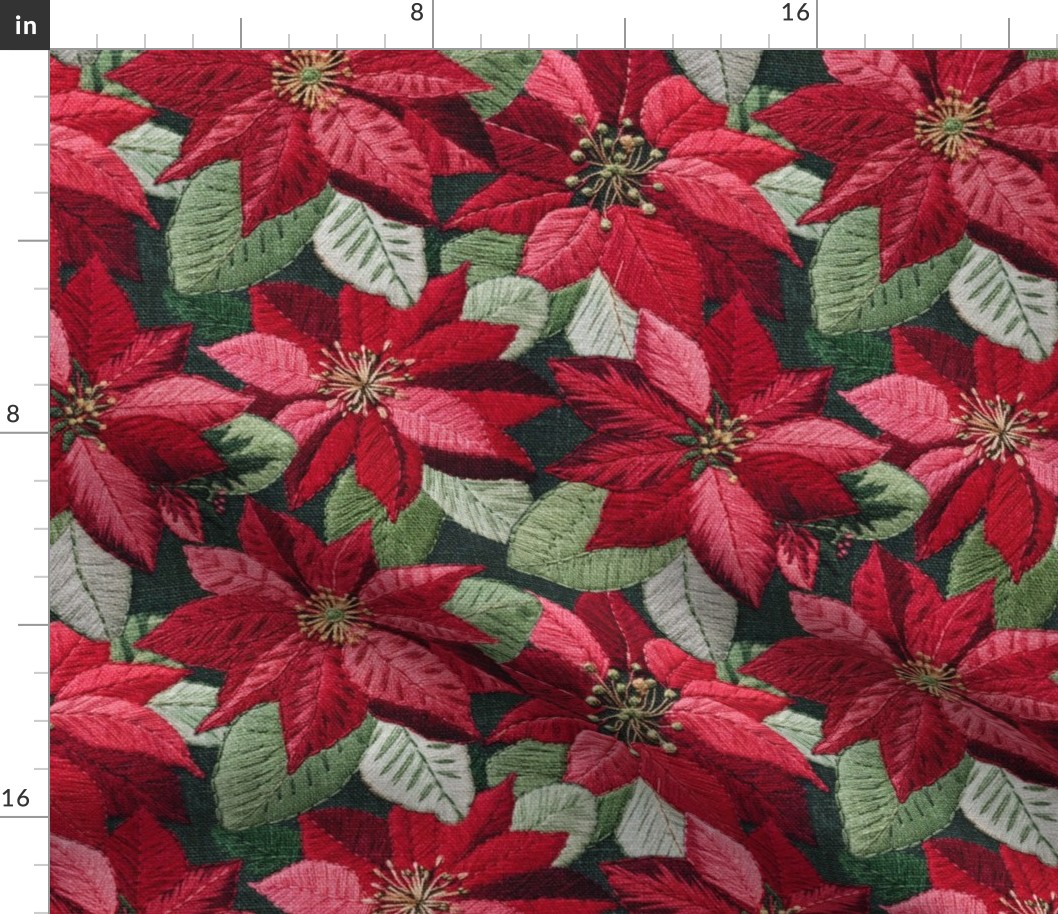 Embroidered Red  Poinsettias Dark Green BG - Large Scale