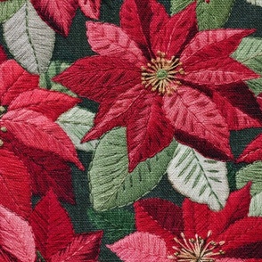 Embroidered Red  Poinsettias Dark Green BG - XL Scale