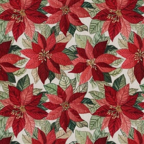 Red Poinsettia Embroidery Beige BG Rotated - Large Scale