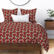 Red Poinsettia Embroidery Beige BG - Medium Scale