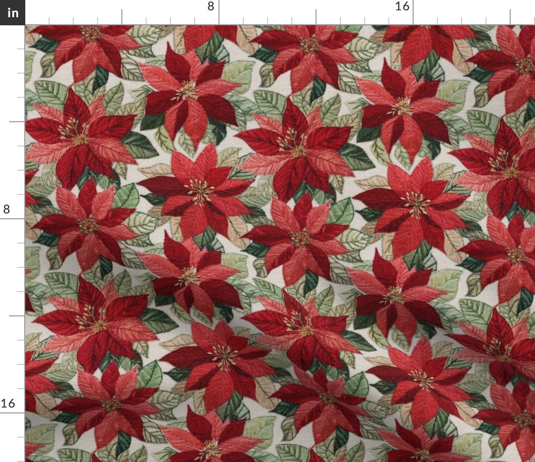 Red Poinsettia Embroidery Beige BG - Medium Scale