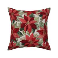 Red Poinsettia Embroidery Beige BG - Large Scale