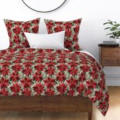 Red Poinsettia Embroidery Beige BG - Large Scale