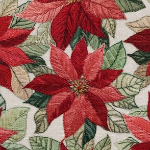 Red Poinsettia Embroidery Beige BG - XL Scale