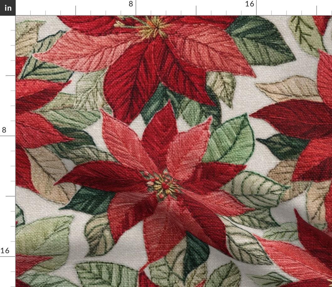 Red Poinsettia Embroidery Beige BG - XL Scale