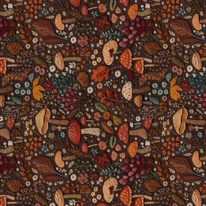Fall Floral and Mushroom Embroidery Brown BG Rotated - Large Scale