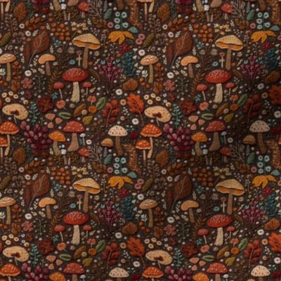 Fall Floral and Mushroom Embroidery Brown BG - XS Scale