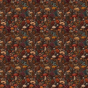 Fall Floral and Mushroom Embroidery Brown BG - Small Scale