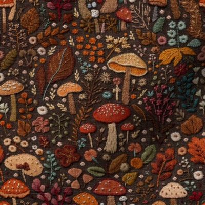 Fall Floral and Mushroom Embroidery Brown BG - Medium Scale