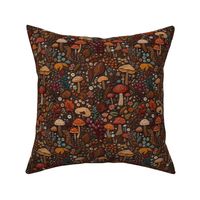 Fall Floral and Mushroom Embroidery Brown BG - Medium Scale