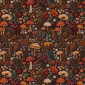 Fall Floral and Mushroom Embroidery Brown BG - Large Scale