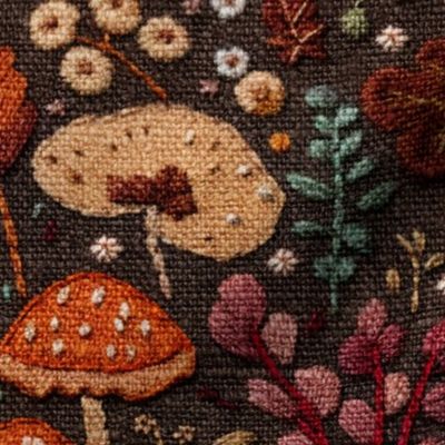 Fall Floral and Mushroom Embroidery Brown BG - XL Scale