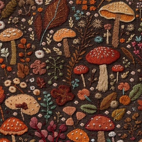 Fall Floral and Mushroom Embroidery Brown BG - XL Scale