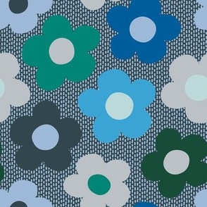 Medium scale / Graphic Daisy Hippy Flowers / Flowers in Pantone blues and greens, on a navy ground that has a dashed line in a lighter blue as a texture.