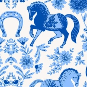 Scandinavian Folk Art Ponies (Blue) Larger Scale