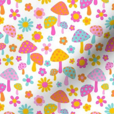 Sweet Summer Bright Flowers and Mushrooms White BG - Small Scale