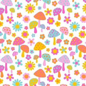 Sweet Summer Bright Flowers and Mushrooms White BG - Large Scale