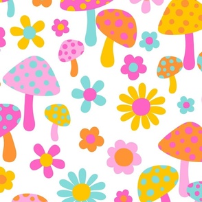 Sweet Summer Bright Flowers and Mushrooms White BG - XL Scale