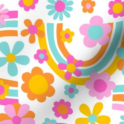 Sweet Summer Bright Rainbows and Flowers White BG - Large Scale