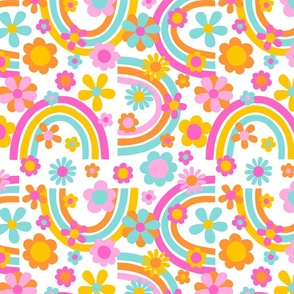 Sweet Summer Bright Rainbows and Flowers White BG - Large Scale