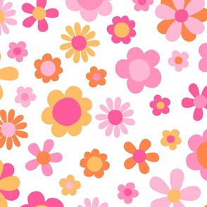Sorbet Summer Pink and Orange Flowers White BG Rotated- XL Scale