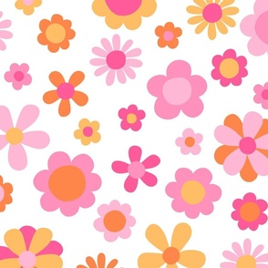 Sorbet Summer Pink and Orange Flowers White BG - XL Scale