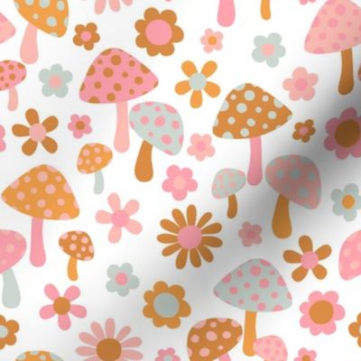 Boho Summer Flowers and Mushrooms White BG - Medium Scale