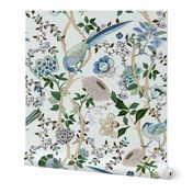 Chintz-Chinoserie-wallpaper, fabric -Spring birds flowers, Victorian, pastels, pinks, blues, greens,