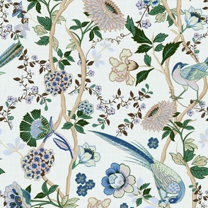 Chintz-Chinoserie-wallpaper, fabric -Spring birds flowers, Victorian, pastels, pinks, blues, greens,