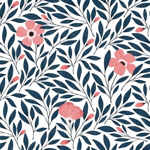 Large | Dark Pink and Navy Floral on White
