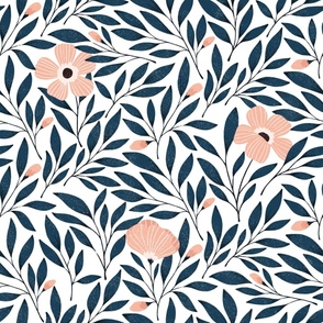 Large | Coral and Navy Floral on White