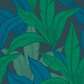 Moody Jungle Banana Palm leaves - tropical plants in the rainforest - botanical flora - dark teal green and blue - large jumbo scale for wallpaper or bedding