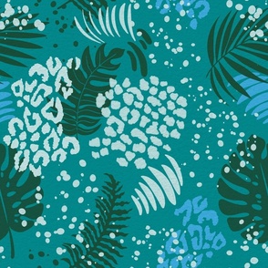 Bright blue modern tropical abstract. Ultra-Steady powerful Pantone Ocean tone floral kids jungle.