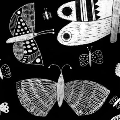 Black and white crayon etching style butterflies