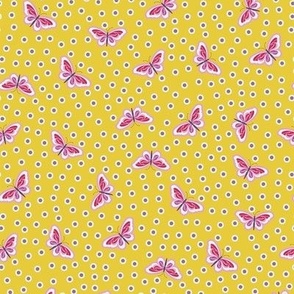 Cute minimalist butterflies flying all over on mustard background - midsize.