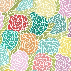 Pastel color mosaic roses with multi color leaves on white background - large.