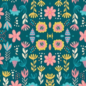 Folk Art Florals on a Teal Field