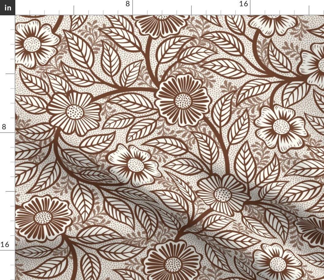 07 Soft Spring- Victorian Floral- Cinnamon Brown on Off White- Climbing Vine with Flowers- Petal Signature Solids - Earth Tones- Terracotta- Natural- Neutral- William Morris Wallpaper- Medium