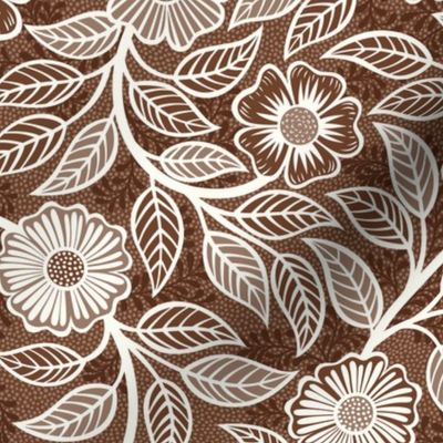07 Soft Spring- Victorian Floral- Off White on Cinnamon Brown- Climbing Vine with Flowers- Petal Signature Solids - Earth Tones- Terracotta- Natural- Neutral- William Morris -Small