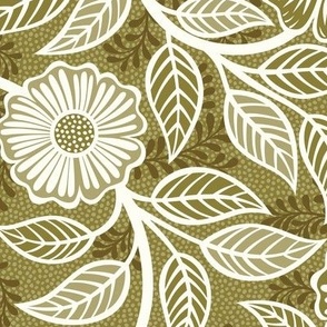 08 Soft Spring- Victorian Floral- Off White on Moss Green- Climbing Vine with Flowers- Petal Signature Solids - Earth Tones- Olive- Earthy Green- Natural- Neutral- William Morris- Medium