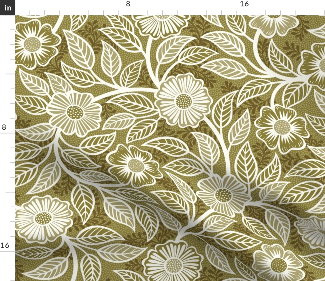 08 Soft Spring- Victorian Floral- Off White on Moss Green- Climbing Vine with Flowers- Petal Signature Solids - Earth Tones- Olive- Earthy Green- Natural- Neutral- William Morris- Medium