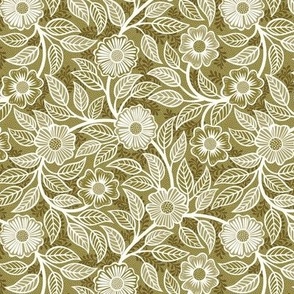 08 Soft Spring- Victorian Floral- Off White on Moss Green- Climbing Vine with Flowers- Petal Signature Solids - Earth Tones- Olive- Earthy Green- Natural- Neutral- William Morris- Mini