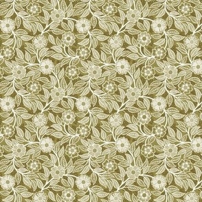 08 Soft Spring- Victorian Floral- Off White on Moss Green- Climbing Vine with Flowers- Petal Signature Solids - Earth Tones- Olive- Earthy Green- Natural- Neutral- William Morris- Micro