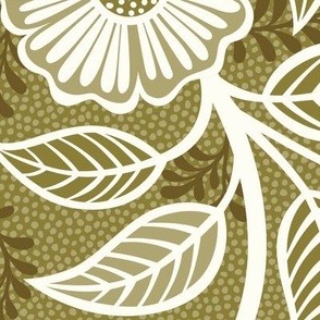 08 Soft Spring- Victorian Floral- Off White on Moss Green- Climbing Vine with Flowers- Petal Signature Solids - Earth Tones- Olive- Earthy Green- Natural- Neutral- William Morris Wallpaper- Extra Large