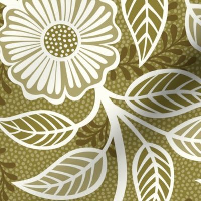 08 Soft Spring- Victorian Floral- Off White on Moss Green- Climbing Vine with Flowers- Petal Signature Solids - Earth Tones- Olive- Earthy Green- Natural- Neutral- William Morris Wallpaper- Large