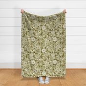 08 Soft Spring- Victorian Floral- Off White on Moss Green- Climbing Vine with Flowers- Petal Signature Solids - Earth Tones- Olive- Earthy Green- Natural- Neutral- William Morris Wallpaper- Large
