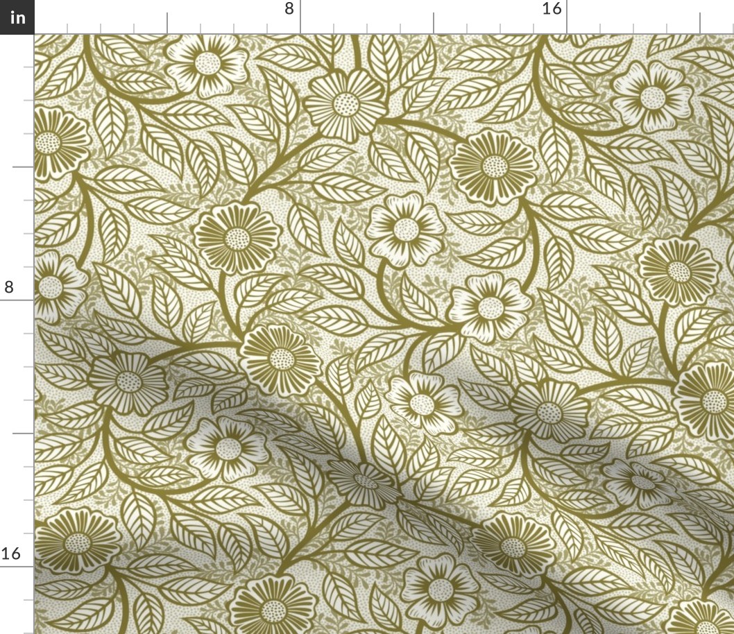 08 Soft Spring- Victorian Floral-Moss Green on Off White- Climbing Vine with Flowers- Petal Signature Solids - Earth Tones- Olive- Earthy Green- Small